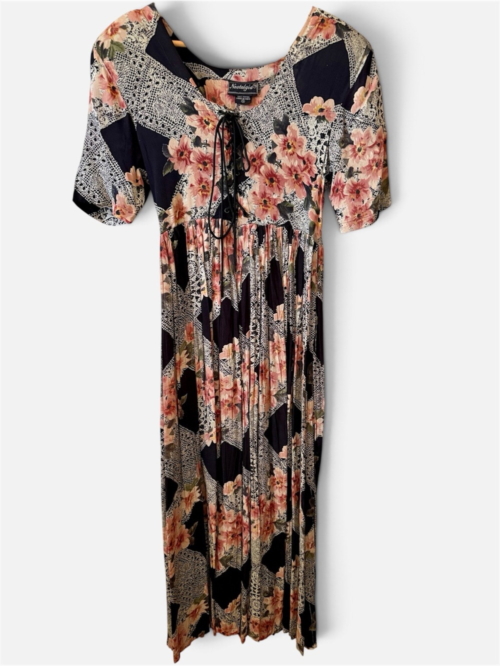 Vintage 90s Nostalgia Floral Lace Up Maxi Dress Black Pink Rayon Sz S